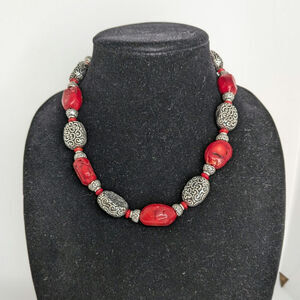 Brighton Red Coral Silver Plated Bead Necklace w/Adjustable Clasp Length 20"